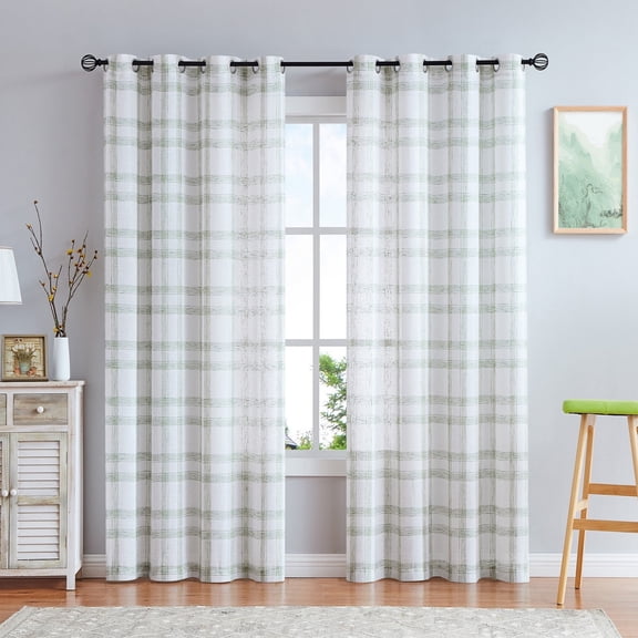 AZZCIA White Sage Plaid Linen Blend Semi Sheer Grommet Curtain Panels, 2 Panels, 54"W x 84"L