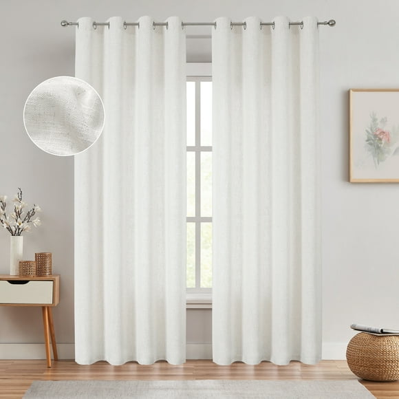 AZZCIA White Linen Light Filtering Semi Sheer Curtain Panels 84 Inches Long with Grommet Top Rustic Flax Window Treatment Drapery for Bedroom Country Rustic Farmhouse, 54"x84", 2 Panels, White/Linen