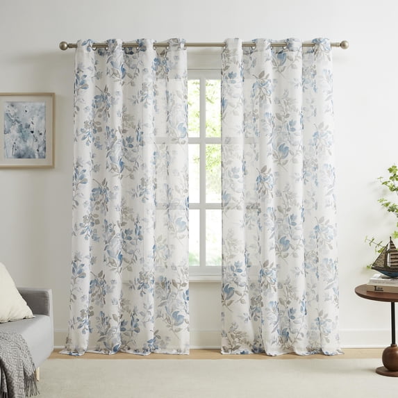 AZZCIA Sheer Curtains 50"x63", Blue Gray Botanical Leaf Print Linen Texture Grommet Drapes for Bedroom