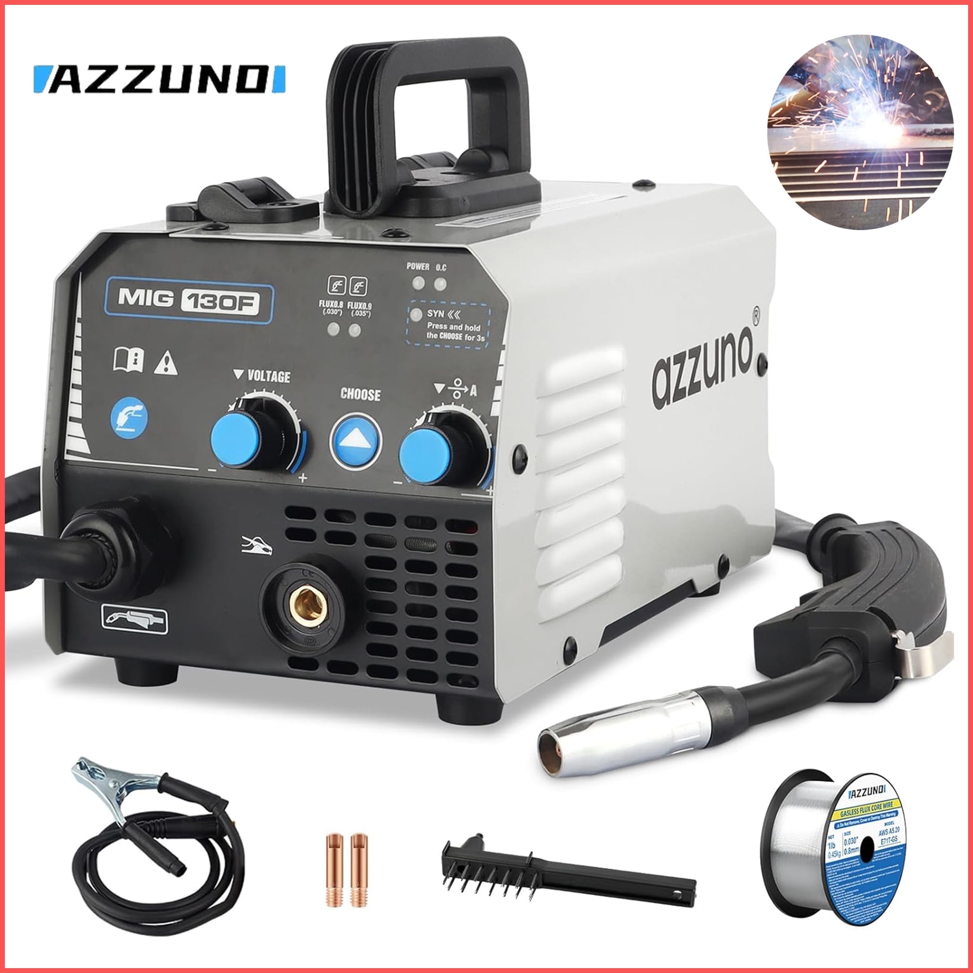 AZZUNO 110V MIG Welder 130A Flux Core Gasless Welding Machine IGBT Inverter Welder Portable Wire Feed Welder