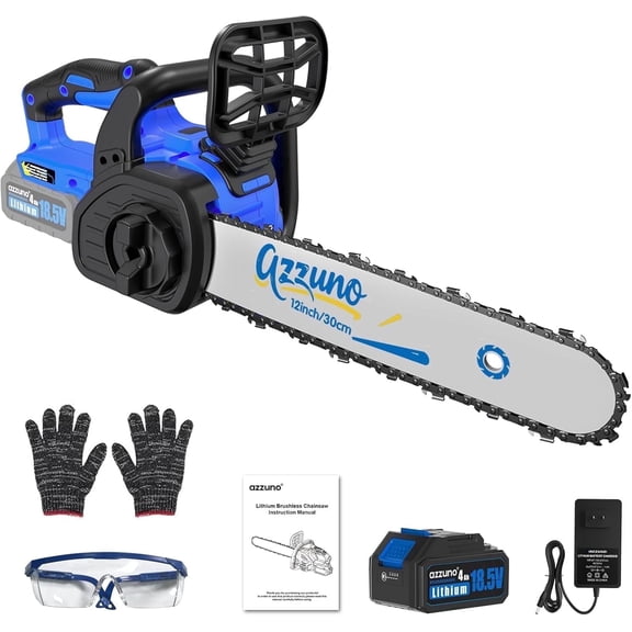 AZZUNO 12 Inch Electric Chainsaw Cordless With Tool-Free Chain Tensioning and Auto Lubrication, Brushless Battery Powered Chain Saw Kit For Tree&Wood Cutting,Battery and Charger Included.