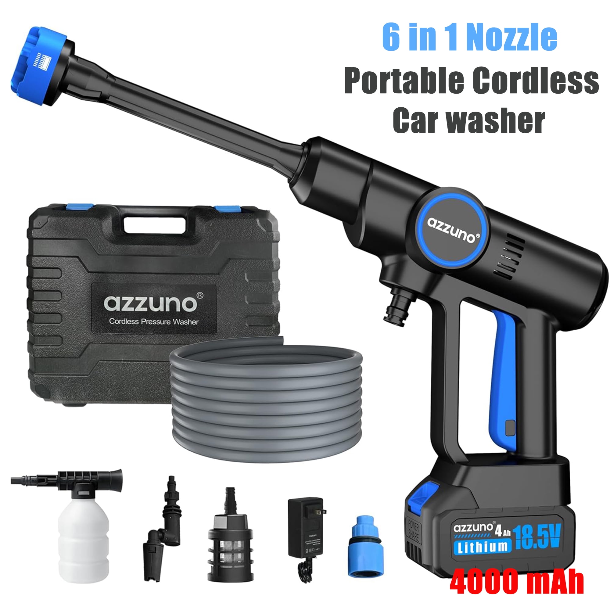 AZZUNO 850PSI Coldless Pressure Washer, 4000mAh Powerful Washer Cannon with 6-in-1 Nozzle, Handheld Power Small Cleaner for Car, Home Cleaning & Garden Watering