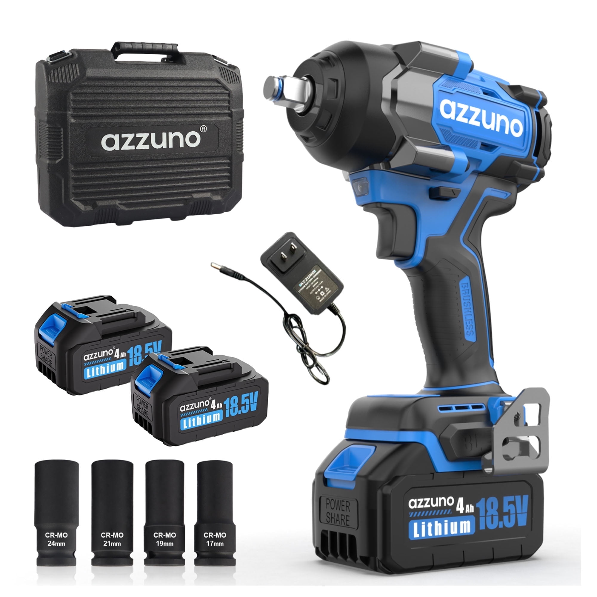 AZZUNO Impact Wrench Max 737 Ft-lbs(1000N.m) 1/2 inch Brushless High Torque Electric Impact Wrench, Powerful Cordless Impact Driver with 2x4Ah Batteries