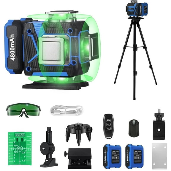 AZZUNO  Laser Level with Tripod, 4x360 Laser Level 360 Self Leveling for Picture Hanging with 2x4800mAh Li-ion Battery, Ideal for Outdoor, Construction, Tile