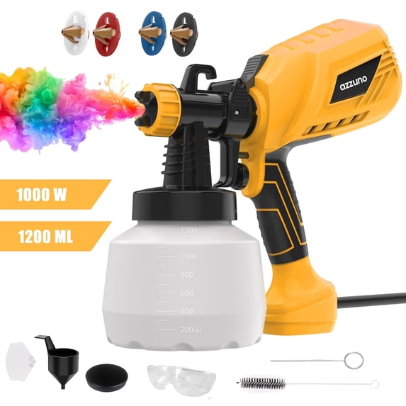 AZZUNO Paint Sprayer 1000W HVLP High Power Electric Spray Paint Gun with 41 fl oz Container, 4 Nozzles & 3 Patterns Yellow