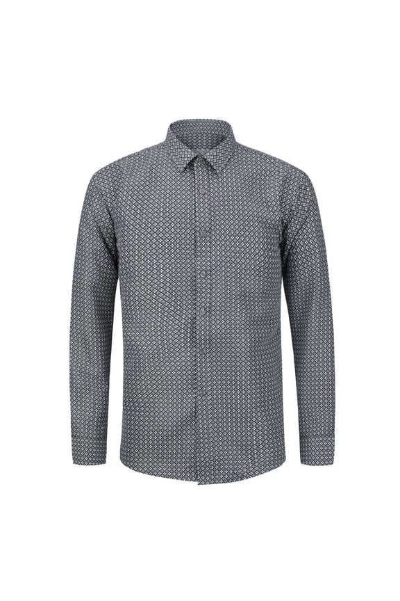 Men's Business Print Shirt Fitted Spread Collar Wrinkle-Free Long Sleeve Poly-Cotton