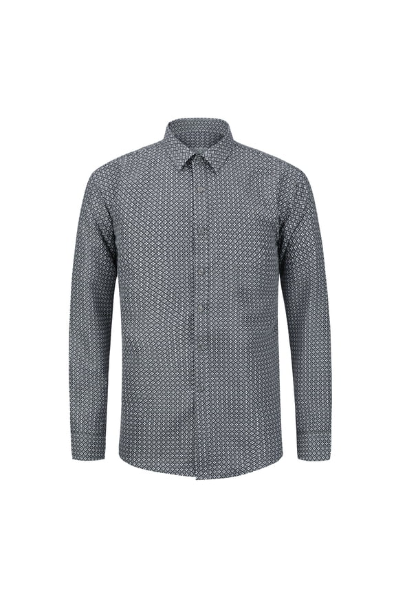 Men's Business Print Shirt Fitted Spread Collar Wrinkle-Free Long Sleeve Poly-Cotton