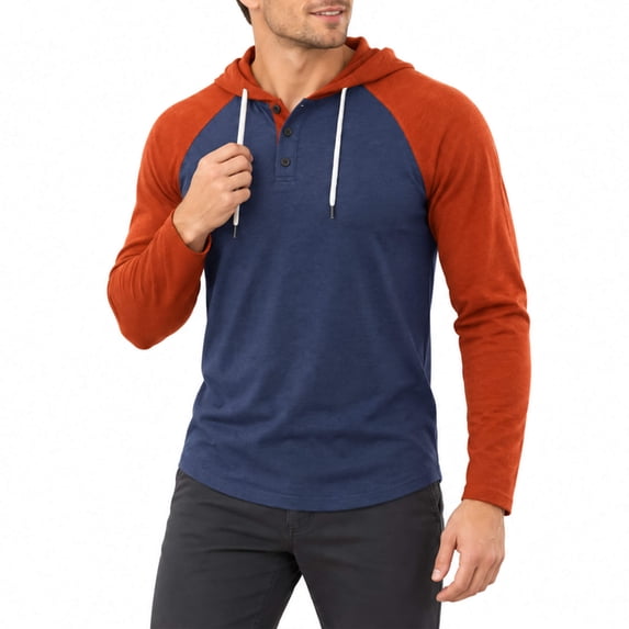 AZoiNM Men's Henley Hoodie Long Sleeve Raglan Color Block Pullover Sweatshirt Casual Straight Fit Hooded Shirt