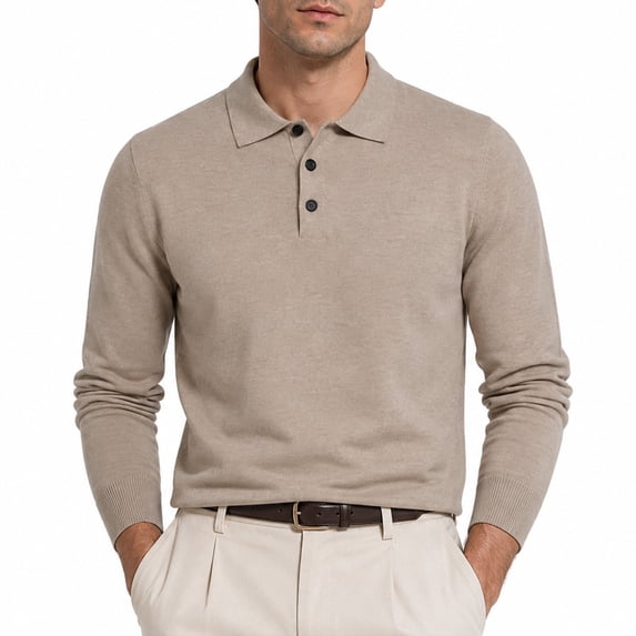 AZoiNM Men's Long Sleeve V-Neck Knit Polo Sweater, Soft Solid Color Pullover Sweater with 3-Button Placket, Ribbed Cuffs and Hem, Business Casual Sweater for Work and Daily Wear