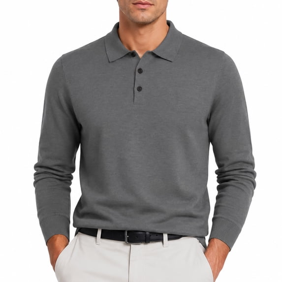 AZoiNM Men's Long Sleeve V-Neck Knit Polo Sweater, Soft Solid Color Pullover Sweater with 3-Button Placket, Ribbed Cuffs and Hem, Business Casual Sweater for Work and Daily Wear