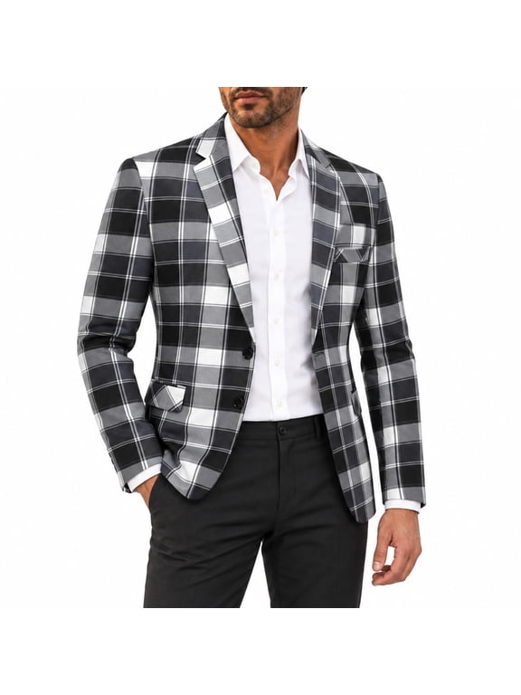 Men's Plaid Blazer Sport Coat, Black White Checkered Single Breasted Suit Jacket, Slim Fit Notch Lapel Casual Dress Jacket for Wedding Party Prom
