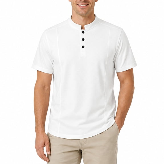 AZoiNM Men's Relaxed Fit Henley Polo Shirt, Short Sleeve Band Collar Top with Contrast Topstitching, Casual Curved Hem Shirt for Men, Sizes S-5XL