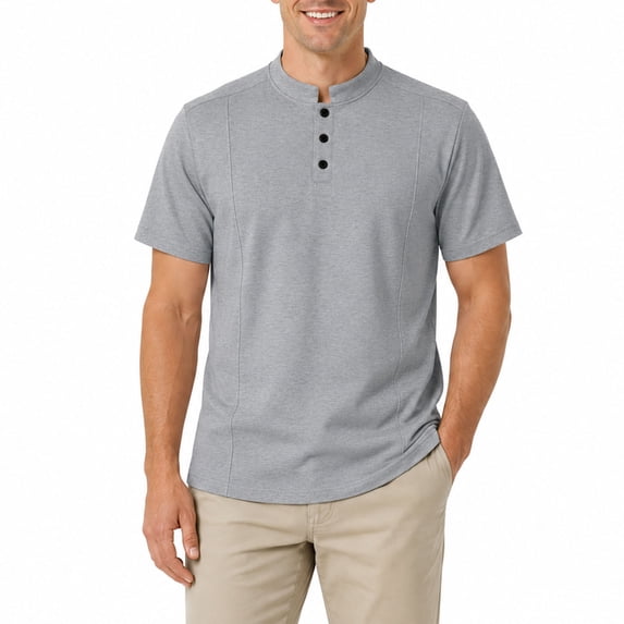 AZoiNM Men's Relaxed Fit Henley Polo Shirt, Short Sleeve Band Collar Top with Contrast Topstitching, Casual Curved Hem Shirt for Men, Sizes S-5XL