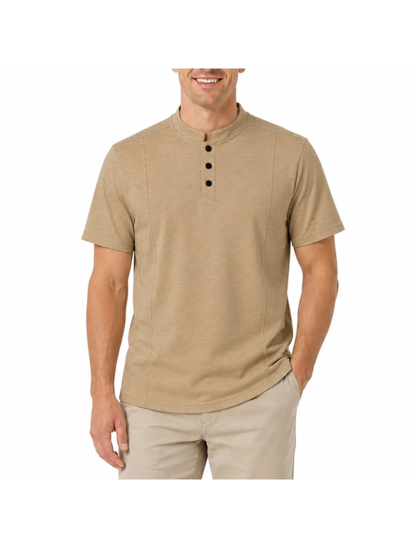 Men's Relaxed Fit Henley Polo Shirt, Short Sleeve Band Collar Top with Contrast Topstitching, Casual Curved Hem Shirt for Men, Sizes S-5XL