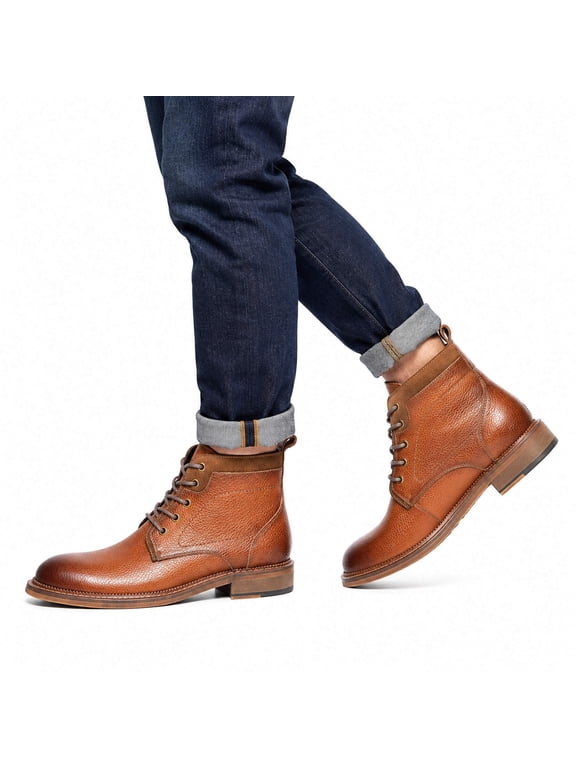 Men's Round Toe High Top Polo Boots Business Casual Leather Rubber Sole