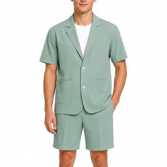 AZoiNM Men's Short Sleeve Shorts Suit Set Summer Two Button Notch Lapel Loose Fit