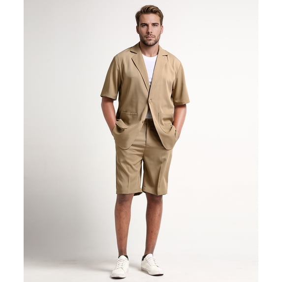 AZoiNM Men's Short Sleeve Shorts Suit Set Summer Two Button Notch Lapel Loose Fit