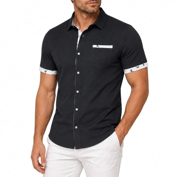 AZoiNM Men's Short Sleeve Waffle Knit Button Down Shirt, Casual Regular Fit Summer Beach Tops with Contrast Bird Print and Real Pocket