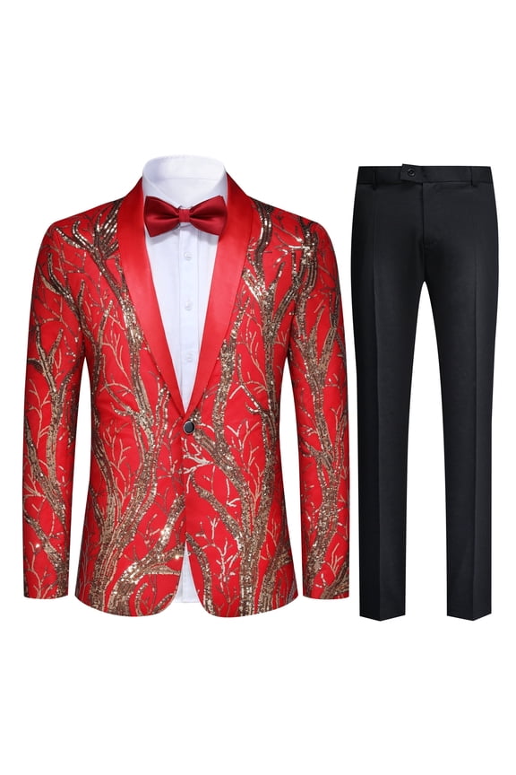 Men's Slim Fit Sequin Tuxedo Suit, 1-Button Shawl Lapel 2-Piece Blazer and Pants Set for Prom, Dance, and Stage Performance