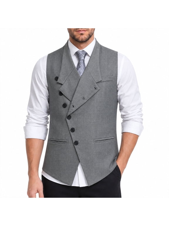 Men's Standard Fit Angled Placket Vest Lapel Collar Stretch Polyester Blend