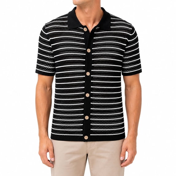 AZoiNM Men's Striped Knit Polo Shirt, Vintage Colorblock Short Sleeve Button Down, Lightweight Streetwear Summer Top, Straight Fit