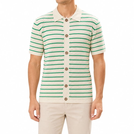 AZoiNM Men's Striped Knit Polo Shirt, Vintage Colorblock Short Sleeve Button Down, Lightweight Streetwear Summer Top, Straight Fit