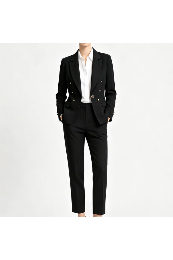 Women's 2-Piece Double Breasted Blazer Suit Set - Slim Fit Business Casual Work Office Jacket & Elastic Waist Cropped Pants for Spring Summer Fall (Ages 25-29)