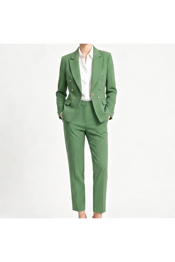 Women's 2-Piece Double Breasted Blazer Suit Set - Slim Fit Business Casual Work Office Jacket & Elastic Waist Cropped Pants for Spring Summer Fall (Ages 25-29)