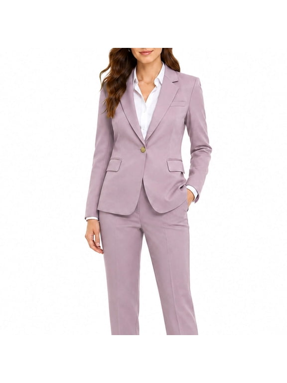 Women's 2 Piece Satin Blazer Suit Set, One-Button Lapel Blazer Jacket & Straight Leg Pants, Slim Fit Formal Business Outfits for Work Office Interview