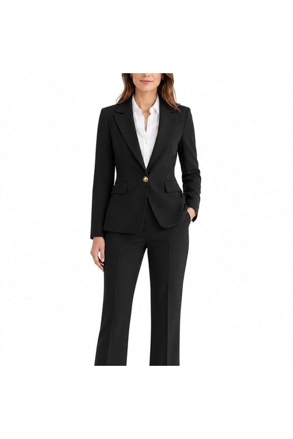 Women's 2 Piece Solid Single Breasted Blazer Suit Set, Long Sleeve Lapel Jacket & Flared Pants, Elegant Business Casual Work Outfits for Office Interview