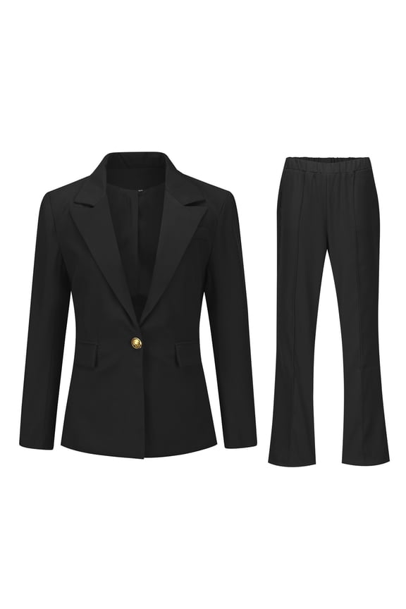 Women's 2 Piece Solid Single Breasted Blazer Suit Set, Long Sleeve Lapel Jacket & Flared Pants, Elegant Business Casual Work Outfits for Office Interview