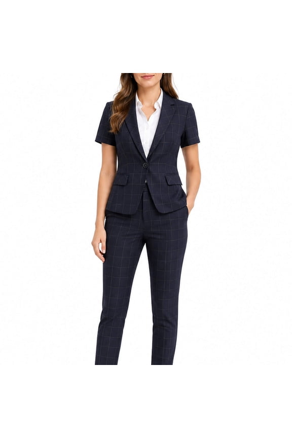 Women's Checkered Suit Set One Button Blazer Short Sleeve Tapered Pants