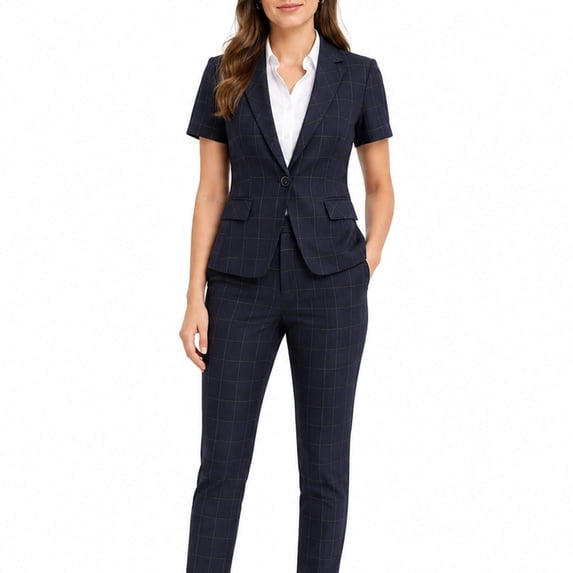 AZoiNM Women's Checkered Suit Set One Button Blazer Short Sleeve Tapered Pants