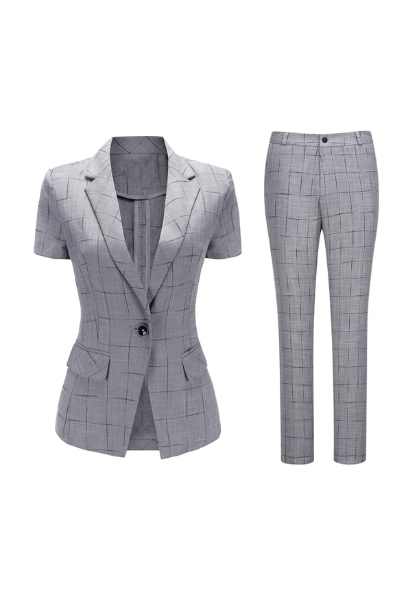 Women's Checkered Suit Set One Button Blazer Short Sleeve Tapered Pants