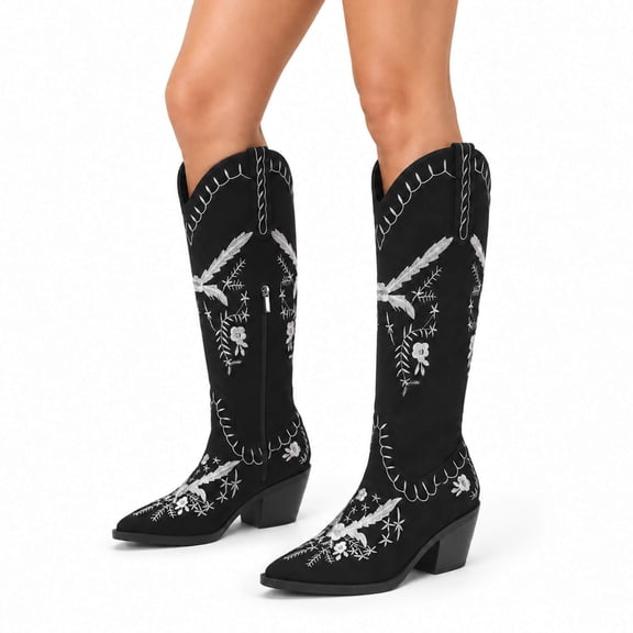 AZoiNM Women's Embroidered Cowboy Boots, Knee High Western Cowgirl Boots with Chunky Block Heel & Side Zipper, Pointed Toe Faux Suede Tall Boots