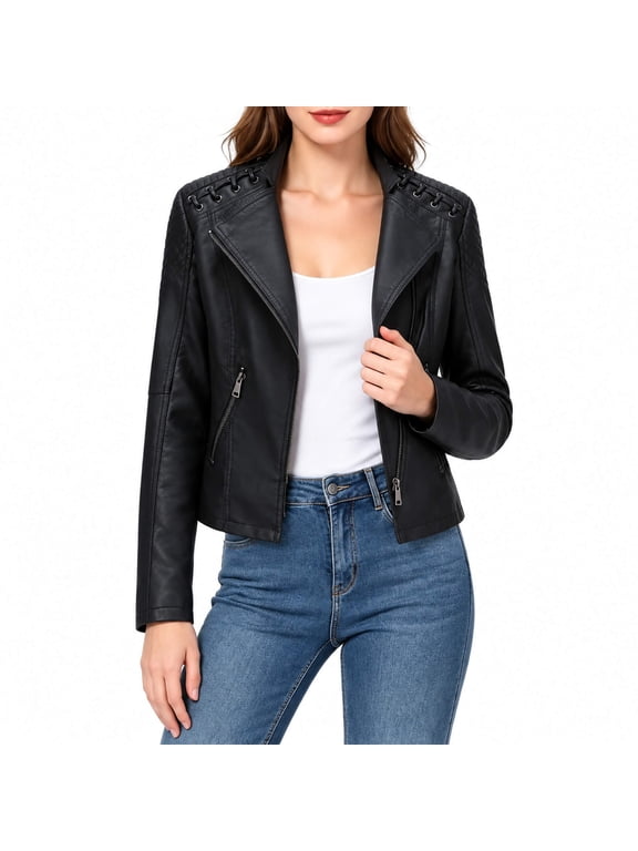 Women's Faux Leather Moto Jacket, Lace-Up Shoulder Biker Coat, Asymmetrical Zip Lapel Motorcycle Jacket with Pockets, Fall Spring Outerwear