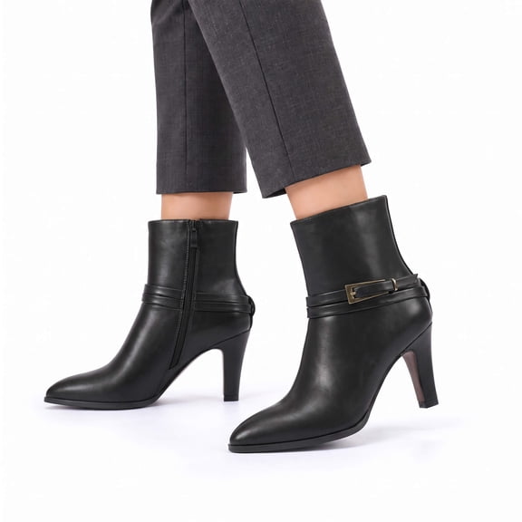 AZoiNM Women's Pointed Toe Ankle Boots Elegant High Heel Booties with Buckle Strap Faux Leather Dress Boots