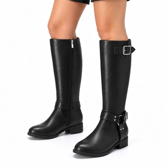 AZoiNM Women's Retro Knee High Riding Boots Casual Fall Tall Boots with Buckle Strap & Side Zipper