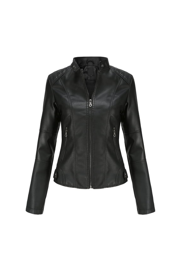 Women's Slim Fit Motorcycle Jacket PU Leather Stand Collar Zipper Front