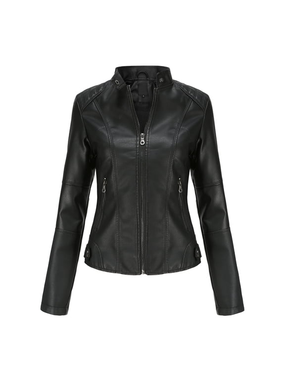 Women's Slim Fit Motorcycle Jacket PU Leather Stand Collar Zipper Front