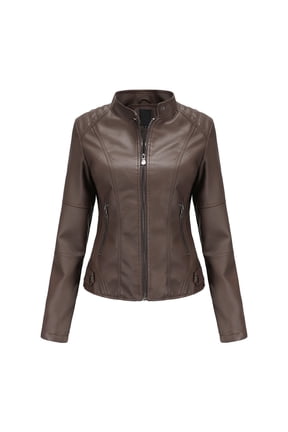 Women's Slim Fit Motorcycle Jacket PU Leather Stand Collar Zipper Front