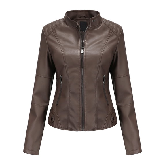 AZoiNM Women's Slim Fit Motorcycle Jacket PU Leather Stand Collar Zipper Front