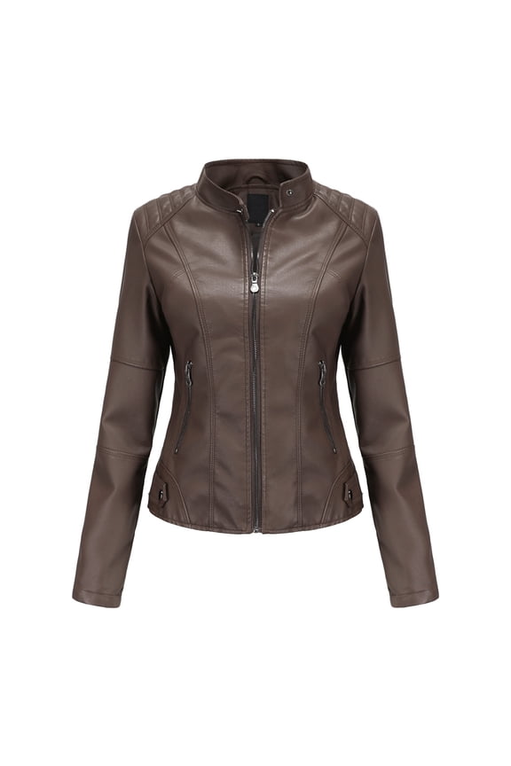 Women's Slim Fit Motorcycle Jacket PU Leather Stand Collar Zipper Front