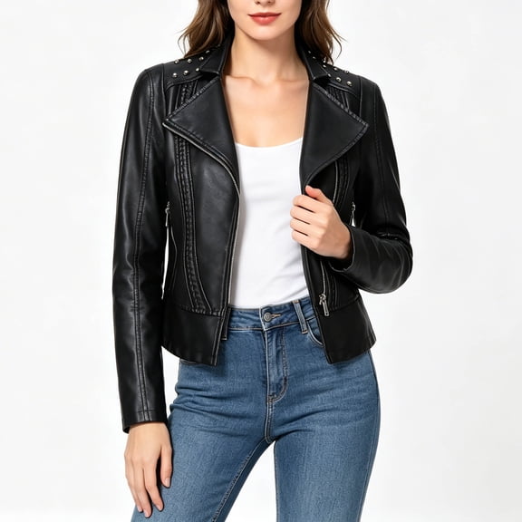 AZoiNM Women's Slim Fit Studded PU Leather Jacket Streetwear Zipper Front Long Sleeve