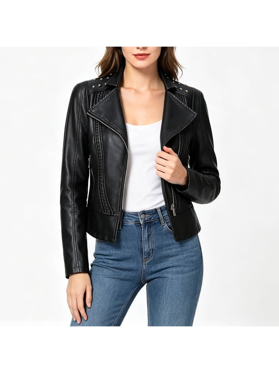 Women's Slim Fit Studded PU Leather Jacket Streetwear Zipper Front Long Sleeve