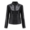 thumbnail image 1 of AZoiNM Women's Solid Textured PU Leather Jacket Stand Collar Casual Long Sleeve Coat, 1 of 13