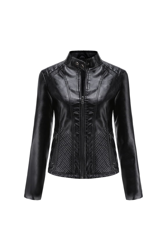 Women's Solid Textured PU Leather Jacket Stand Collar Casual Long Sleeve Coat