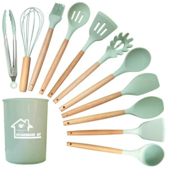 Aa2Zee 12 piece Premium Food-Grade Silicone Utensil/Kitchenware Set with Wooden Handles, Green - SIUTL12PCGRN