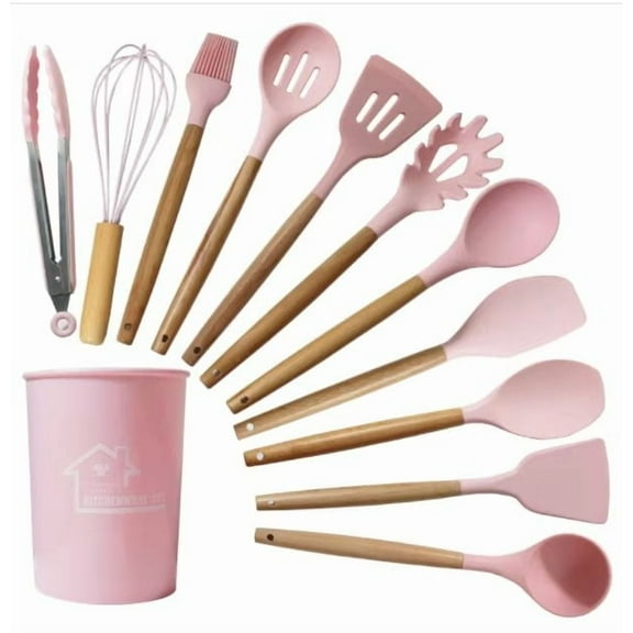 Aa2Zee 12 piece Premium Food-Grade Silicone Utensil/Kitchenware Set with Wooden Handles, Rose Pink - SIUTL12PCROP