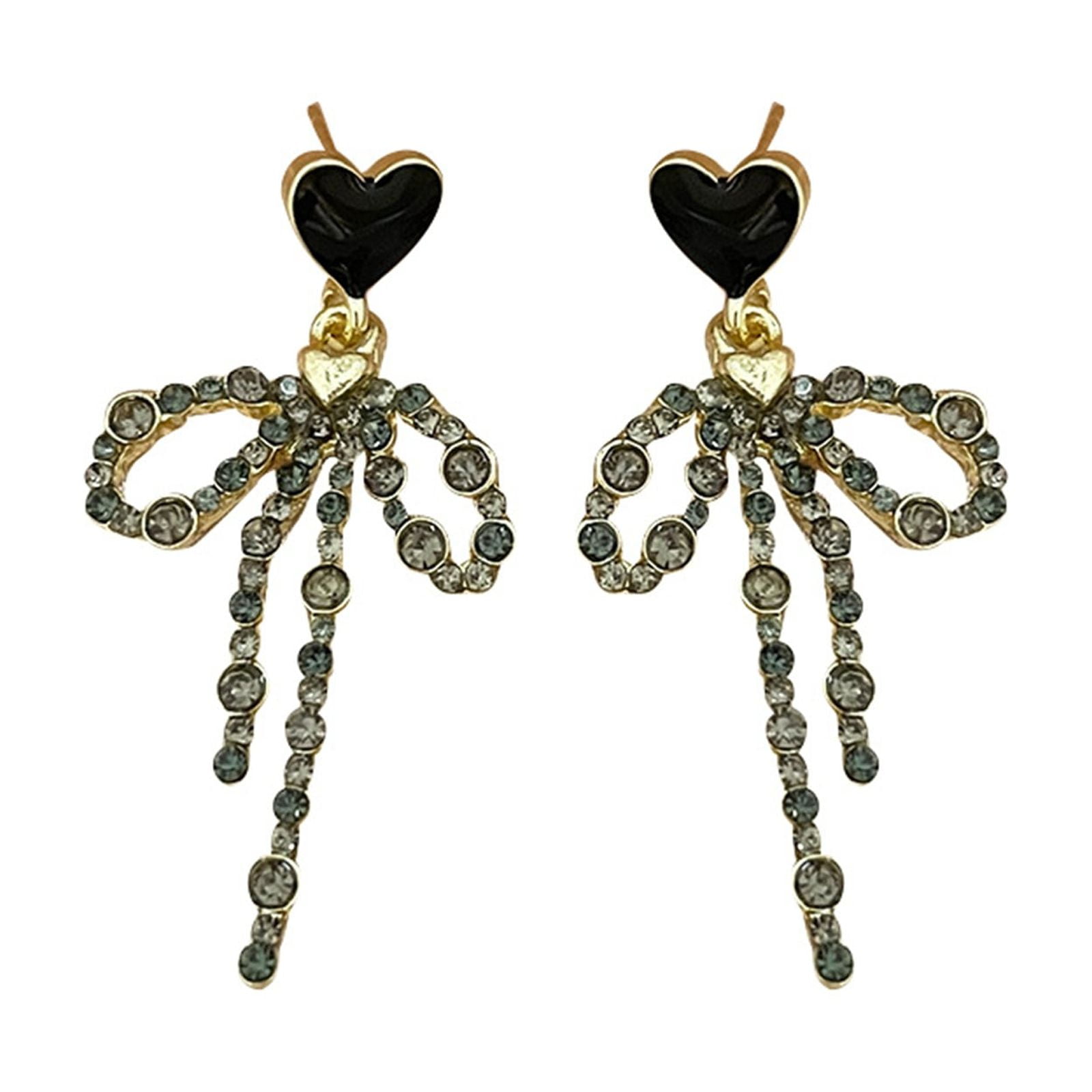 AaSFJEG Heart Bow Grey Rhinestone Earrings Fene Quality Earrings Tassel